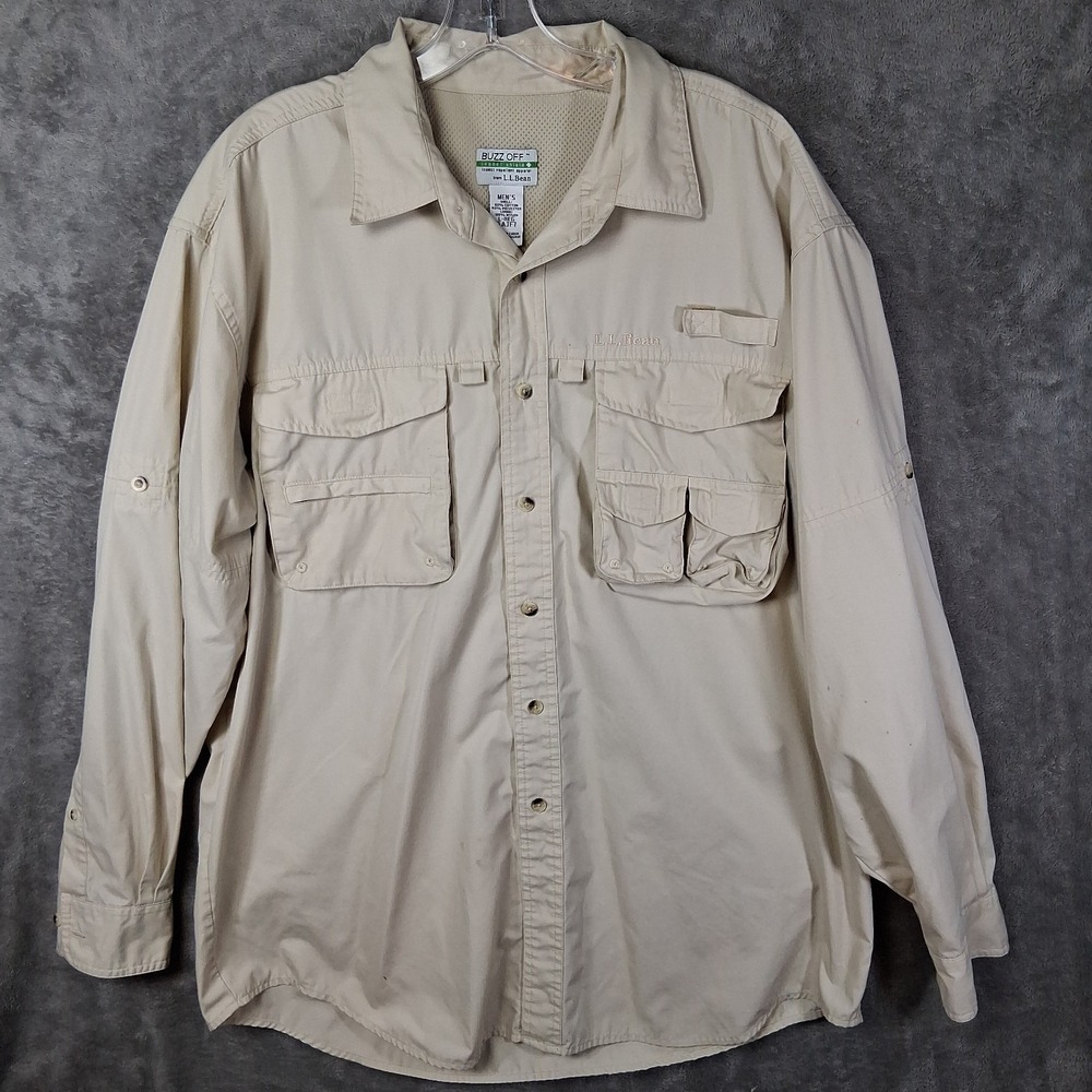 LL Bean Buzz Off Long Sleeve Shirt Men Large Beige Fishing Hiking Insect Shield